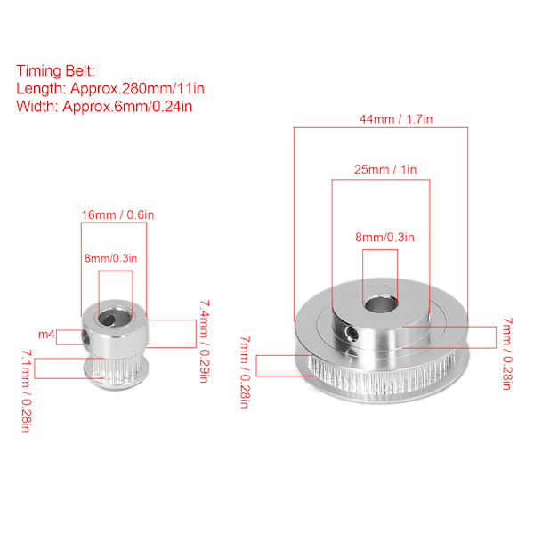 Tidsinställningsremskiva Set 20 Tänder 60 Tänder Aluminium Synkronhjul med 280mm Längd 6mm Bredd Tidsinställningsrem för 3D-skrivare 8mm/0.3in Borrning