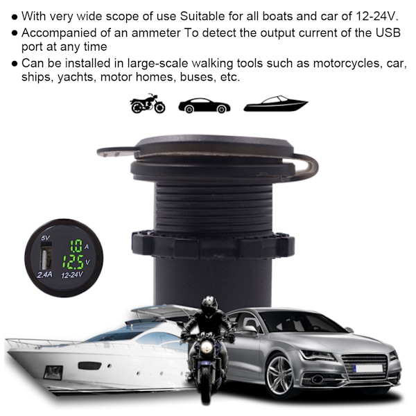DC12-24V 2.1A 3-i-1 Multifunksjons Digital LED Vanntett Termometer Voltmeter Bil USB Hurtiglader Grønt Lys