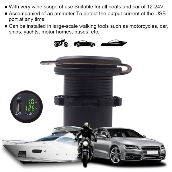 DC12-24V 2.1A 3-i-1 Multifunktionell Digital LED Vattentät Termometer Voltmeter Bil USB Snabbladdare Grön Ljus