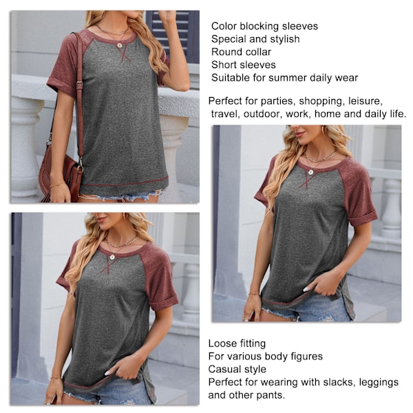 Dam Rundhalsad T-shirt Färgblockering Fåll Split Kortärmad Casual Lös Passform Blus för Daglig Användning Mörkgrå med Mörkröda Ärmar M