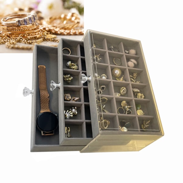 Smyckeskrin med 3 Våningar Transparent Akryl Sammetfodrad Multifunktionell Smyckesförvaring för Örhängen Ringar Halsband
