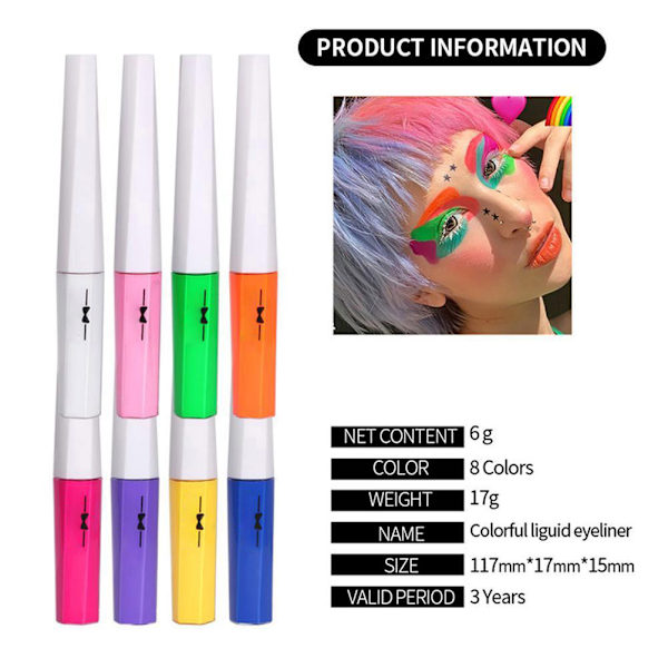 8 kpl Neon-nesteeyelineri, vedenkestävä, tahraantumaton, fluoresoiva eyeliner vartalon ja kasvojen maalaamiseen meikkiin