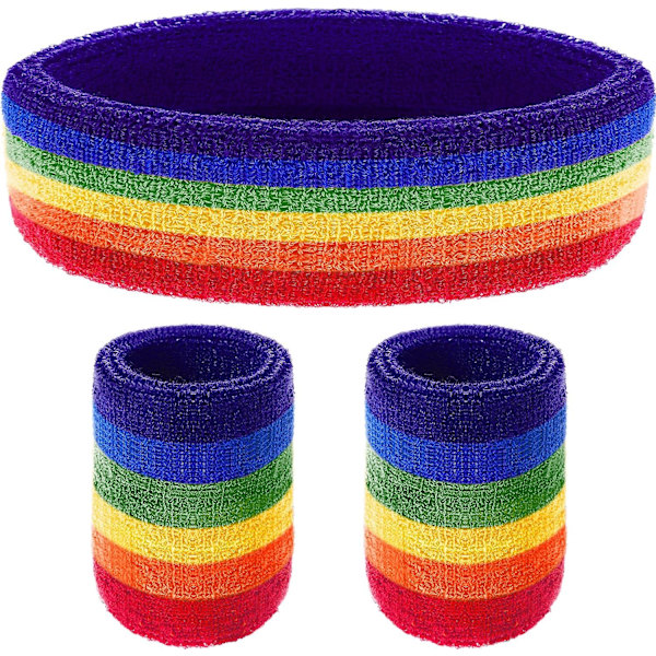 3-osainen set, sisältää urheilullinen päänauhan ja rannenauhat, raidalliset hikinauhat urheilullisille miehille ja naisille (Rainbow) 3 dollaria.