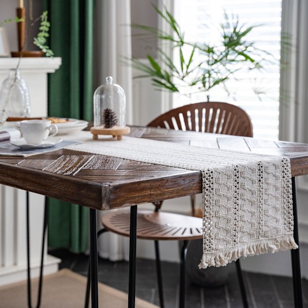 Bordslöpare i Makramé i Bondgårdsstil Boho, Bekväm Bomulls- och Linblandning, Fläckresistent Design För Vardag och Speciella Tillfällen
