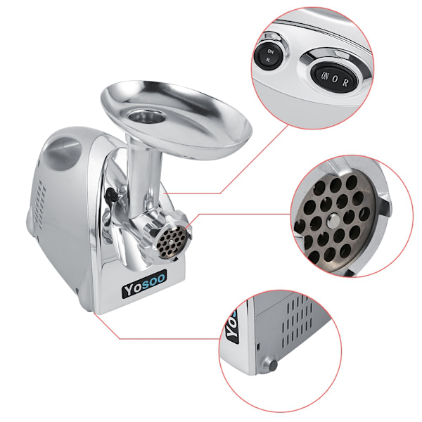 800W Kotitalouskäyttöön Sopiva Sähköinen Lihanmylly Maissipussi Teräksinen Mincer Maker 3 Terällä Hopea