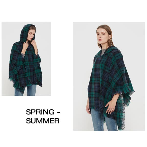 Rutete hette-cape for kvinner, sjal, pledd, poncho, hettegenser med dusker