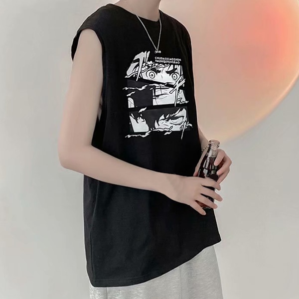 Mænd Tanktop Smuk Print Ærmeløs Løstsiddende Vest Skåret Skjorte til Hjemmetræning Sort XL