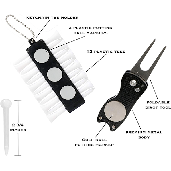 Golftillbehör Presentset - Golfhandduk, Golfklubborst med Rännkleaner, Vikbar Divot Reparationsverktyg med Bollmarkör, Golfbollmarkör och Golf