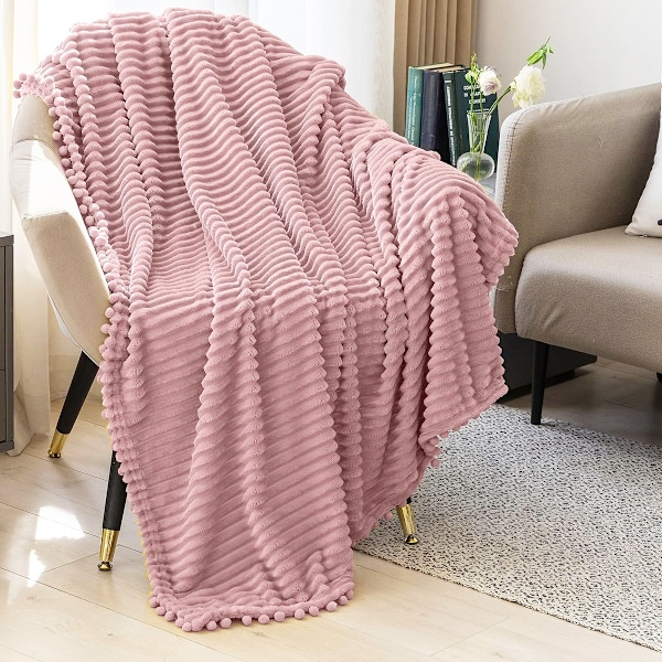Flanelipuuvillapeitto Pompom-Reunuksella Kevyt Mukava Sänkypeitto Pehmeä Heittopeitto Sopii Sovalle Sovalle Sopii Kaikkiin Vuodenaikoihin (51x63) pink