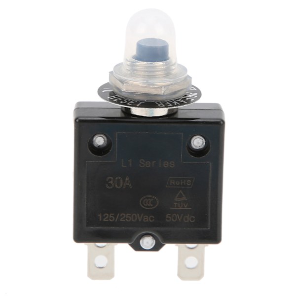 25 stk. 30Amp Termisk Sikringsafbryder 125‑250VAC 50VDC med Hurtigforbindelsesklemmer Vandafvisende Knaphættekit