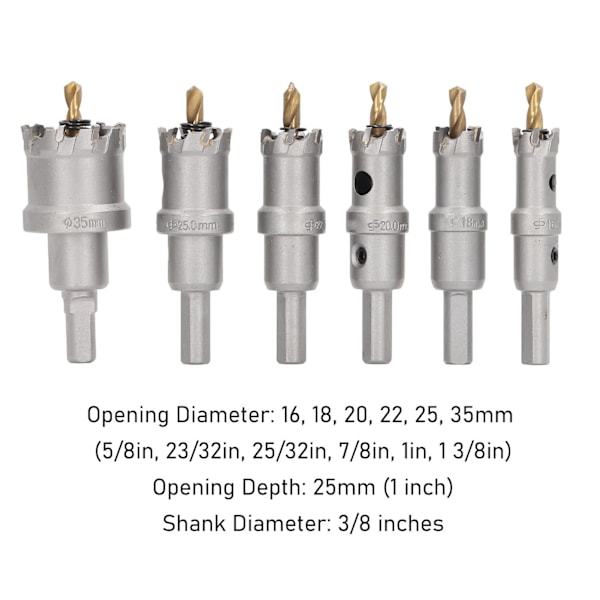 6 st 16 till 35 mm TCT Hålsåg Kit Hög Precision 3 Blad Multifunktionell Karbid Hålsåg Borr Set 3/8 tum Skaft