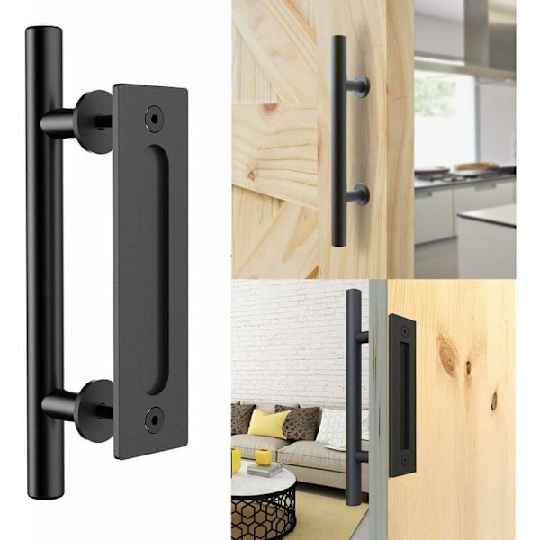 Stilrent dörrhandtagskit för ladugårdsdörr, svarta ladugårdsdörrhandtag med infällt fingergrepp, enkel installation och bred användning för dörrar interiört och exteriört, slätt
