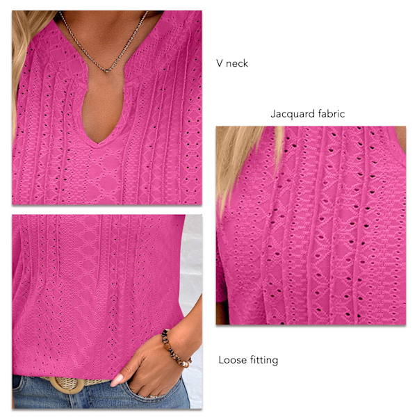 Dam V-ringad Topp Korta Puffärmar Lös Passform Jacquard Casual T-shirt för Sommarbruk Rosröd L