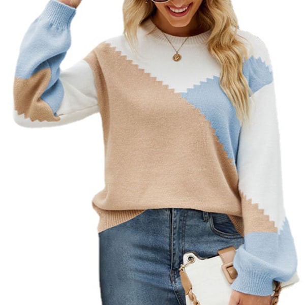 Kontrast Rundhalsad Tröja Crewneck Lös Casual Stickad Pullover Dam Höst Långärmad Tröja Toppar för Kvinnor Khaki S