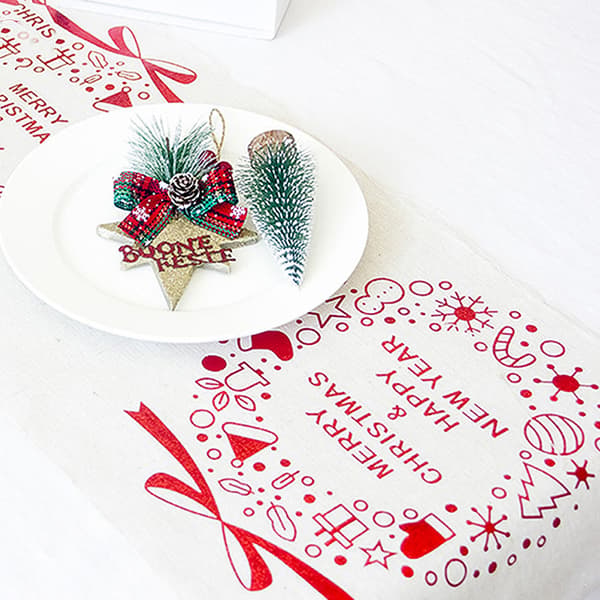 Julebordløper i lin, for julebordsdekorasjon (270*28cm) trykt rektangulær duk Christmas wreath white