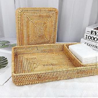 Rattanbricka Bordsskiva Organisation Handvävd Snacksförvaringskorg Multifunktionell Serveringsbricka 3 st Set