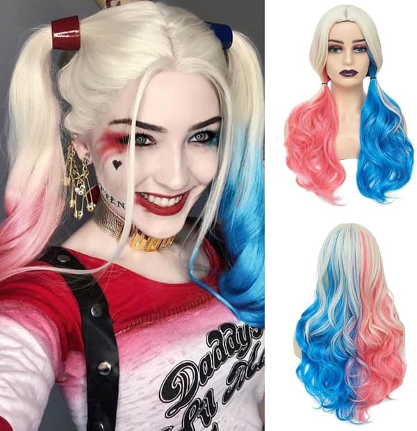 Lyserøde og blå lange krøllede parykker, Halloween festkostumer, Harley Quinn parykker