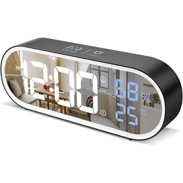 Digital Spegelklocka, Justerbar Ljusstyrka Dimmer, Enkel att Installera LED-Display för Sovrum Hemmakontor, Uttagsdriven Batteribackup med Dubbla USB