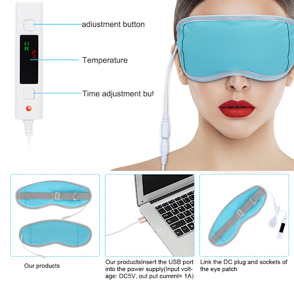 USB Kold/Varmt Kompres Øjenmaske Justerbar Træthedslindring Varmebehandling Blindfold Blå