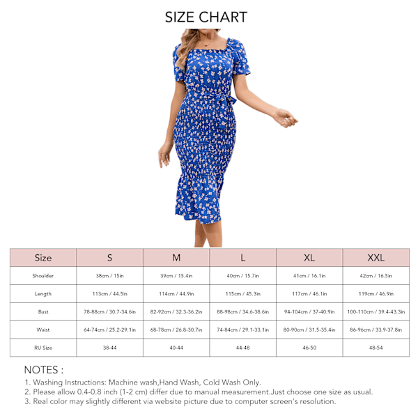 Dam Shirrad Bodycon Klänning Puff Kort Ärm Volangfåll Knytband i Midjan Frill Trim Slim Fit Blommig Klänning Blå M