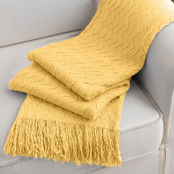 Pledd Teksturert Solid Myk Sofa Dekorativt Strikket Pledd, 127 x 152 cm yellow
