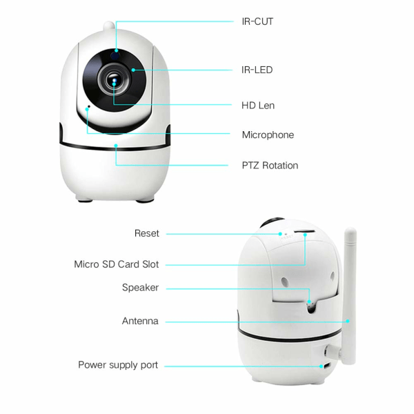 WiFi-kamera-1080P sikkerhetskamerasystem Trådløst kamera innendørs 2,4Ghz hjemmekamera med 2-veis lyd nattsyn, auto-cruise, bevegelsessporing,