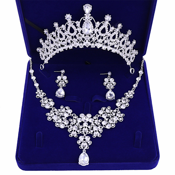 Bröllops smyckesset Glimmande Silver Eleganta Örhängen Halsband Set för Brud Födelsedagsfest Krona Halsband Örhängen med Ask