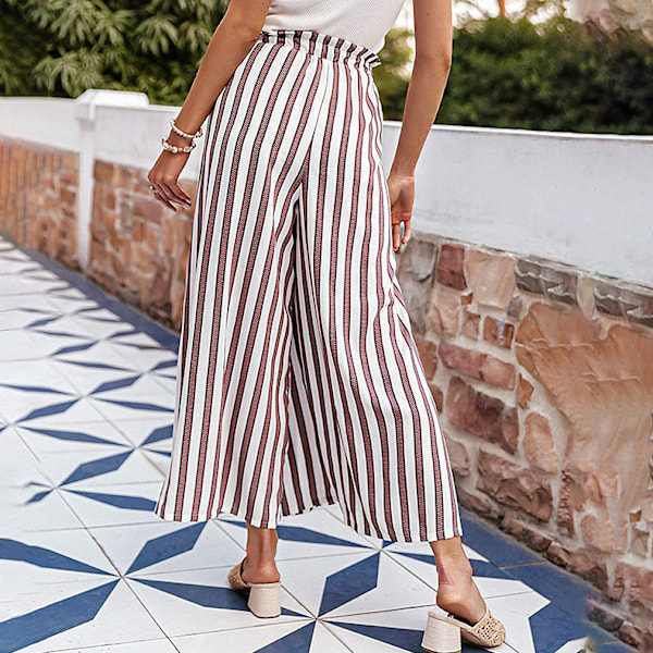 Women Long Pants Wide Leg High Waist Pants Thigh Split Tie Knot Trousers Summer Casual Trousers Red White Strip XXL