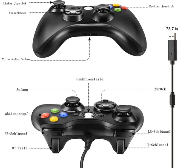 Controller til Xbox 360, Gamepad Joystick med kablet USB-controller til Microsoft Xbox 360 PC Windows 7/8/10/XP
