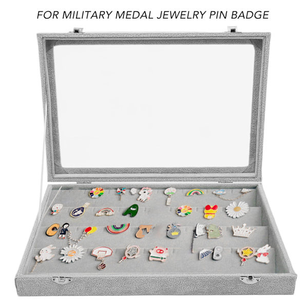 Pin-Visningskasse Transparent Glas Blød Fløjlsbeklædning Støvfri Pin Skyggeboks til Militærmedalje Badge Smykke Pin Grå, Stor