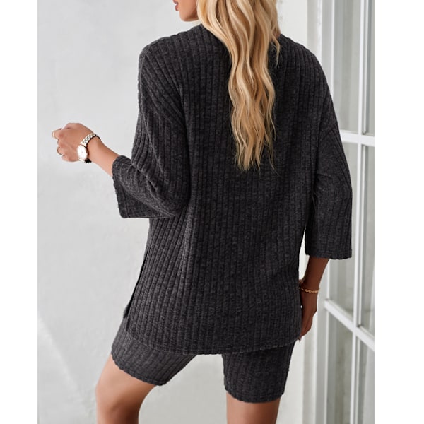 Dam 2-dels set 3/4 Ärm Ribbstickad Rund Hals Oversized Casual T-shirt Shorts Set Mörkgrå L