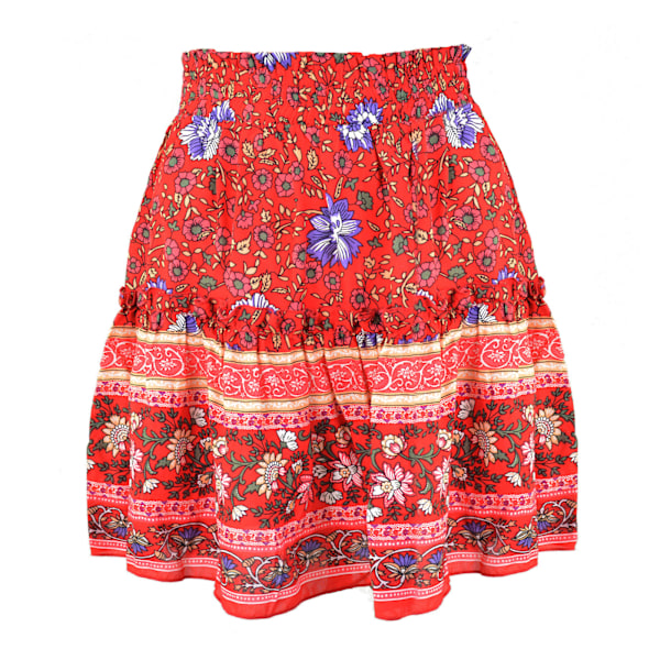 Kvinners Ruffled Hem Skjørt Blomstertrykt Elastisk Etnisk Kort Skjørt For Sommer Vår Høst Rød M