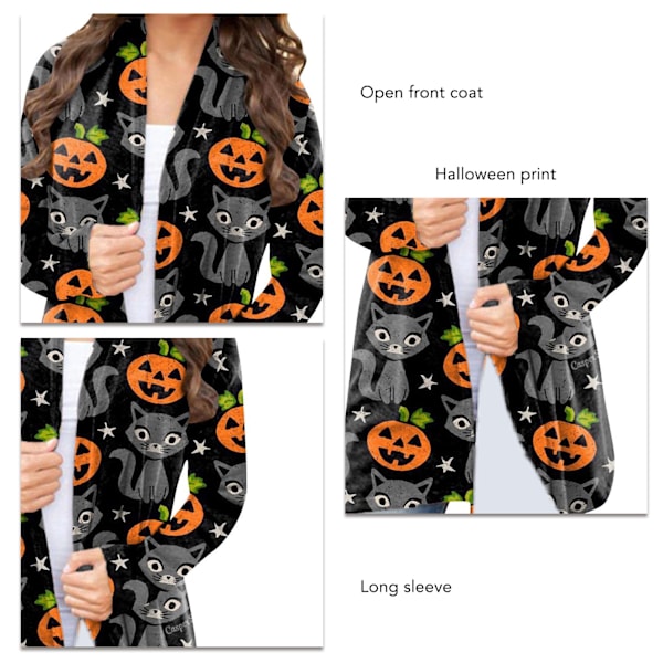 Dam Halloween Öppen Framtill Topp Tryck Långärmad Lös Passform Elegant Vardaglig Ytterkläder Typ 2 XXL