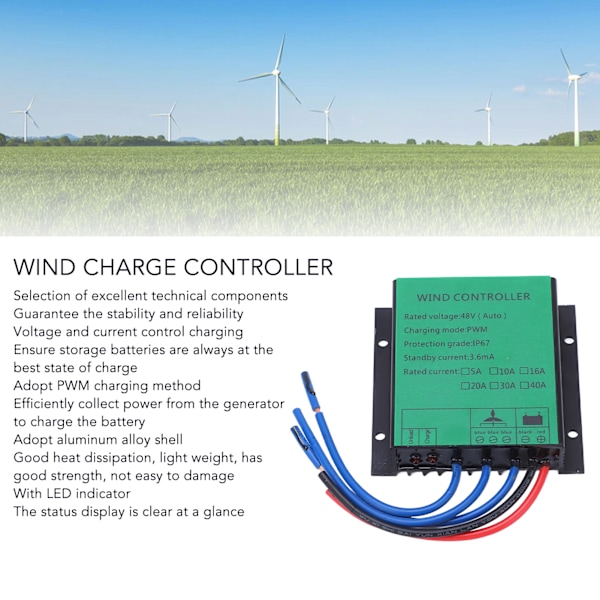 Vindmølle Generator Controller 1000W Effektiv PWM Opladning IP67 LED Indikerer Vindmølle Regulator 48V 30A