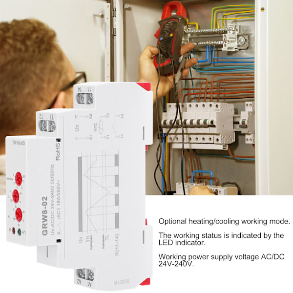 Lämpötilan ohjausrele DIN-kiskoasennukseen, testausanturilla GRW8-02 AC/DC 24V-240V