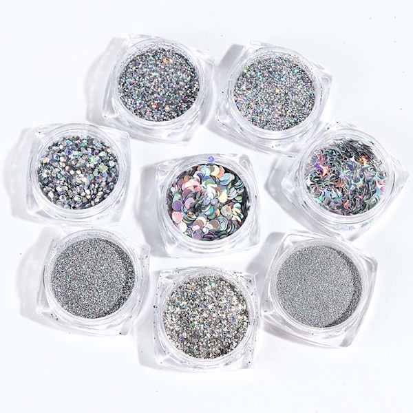 Holografiska Nagelkonst Paljetter, DIY Nagelkonst Glitter Ädelsten för Iögonfallande Naglar, 8 Ask Silver Metallic Glänsande Flakes med Säker Hudvänlig Formula