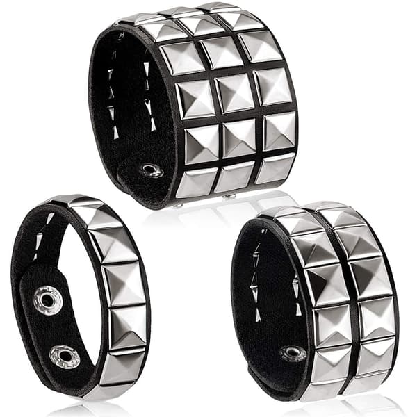 Unisex Sort Ægte Læder Sølv Pyramide Nitter Armbånd 80'er