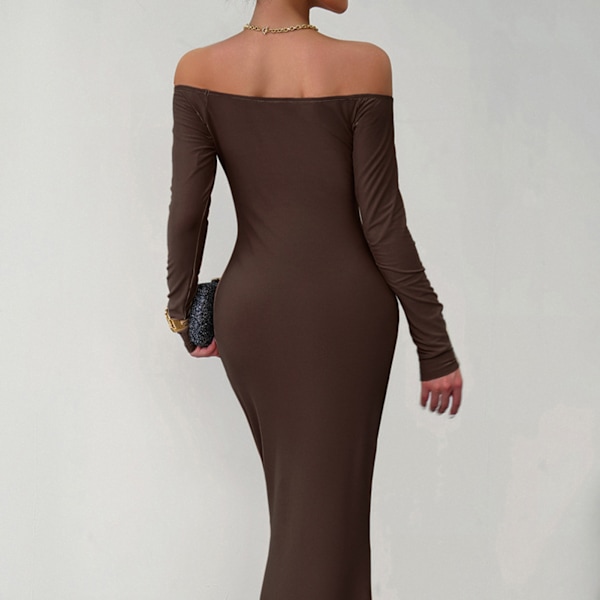Dam Off Shoulder Bodycon Maxiklänning Långärmad Elegant Fishtail Fåll Slim Fit Midiklänning Kaffe S