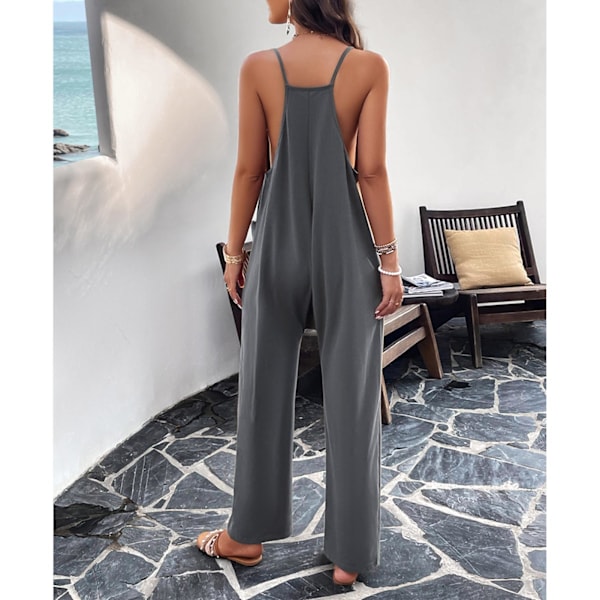 Dam Spaghetti Strap Jumpsuit Lös Passform Casual V-ringad Vida Ben Ärmlös Overall med Fickor Mörkgrå S