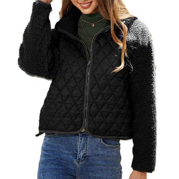 Dam Långärmad Jacka med Hel Dragkedja Enfärgad Plysch Patchwork Kort Kappa för Hem Vardag Svart XL