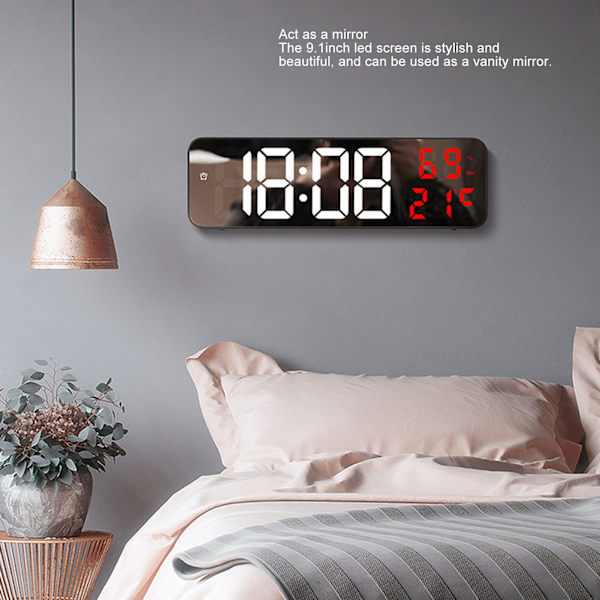 LED 9,1 tommers speilklokke Multifunksjonell digital alarmklokke med dato, fuktighet for soverom, stue, kontor