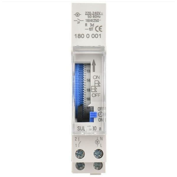 Mekanisk timer, SUL180a med DIN-skenfäste för enkel installation, stöder programtiming med automatisk på/av enligt schema, tydlig skala