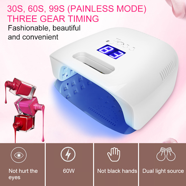 60W Profesjonell LED UV Gel Neglelakk Tørkerlampe Hjemmebruk Bærbar Negleherdende Maskin (EU-kontakt 110-240V)
