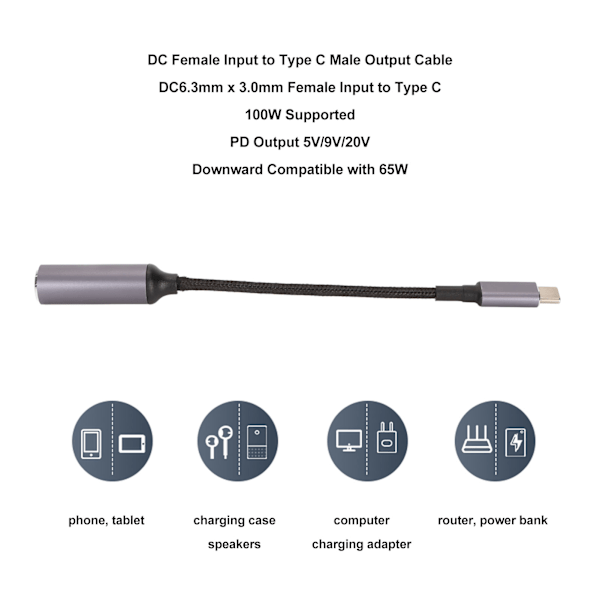 DC 5,5mmx1,7mm till Typ C Strömkabel Hona till Hane 100W PD Laddningskabel med Identifieringschip för Telefon Surfplatta