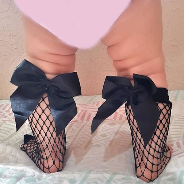 Flicksockor med rosett, fisknätsdesign, söta, mjuka, ventilerande, mellanhöga för barn 3 till 12 år