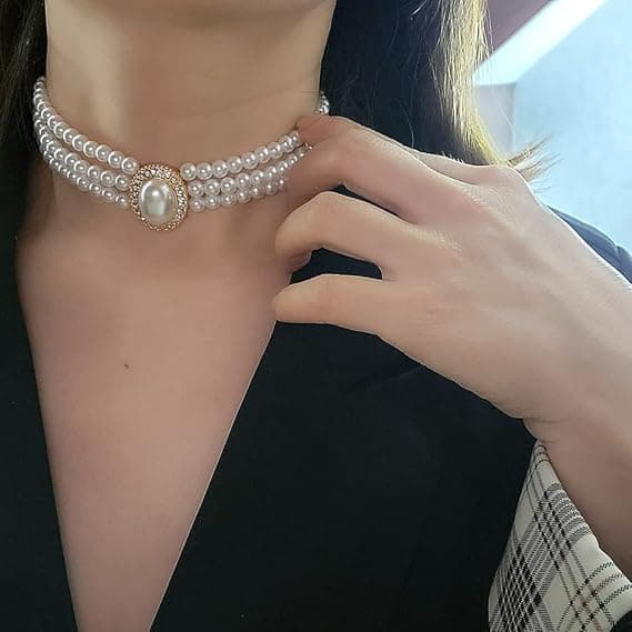 Perlehalskæde, 3-rækket chokerring, simuleret perle, rhodium P