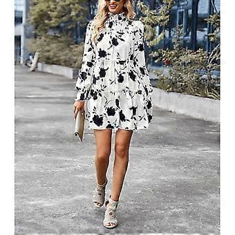 Dam Långärmad Klänning Elastisk Rynkad Klänning Blommig Tryck Volang Mock Neck Midi Klänning