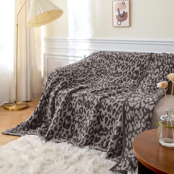 Halv fløyelsullteppe strikket leopardmønstret teppe for barn fleecefôret strikket teppe barfot leopardmønstret teppe drømmeteppe