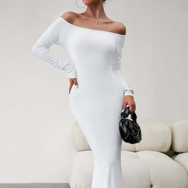 Dam Off Shoulder Bodycon Maxiklänning Långärmad Elegant Fishtail Fåll Slim Fit Midiklänning Vit L