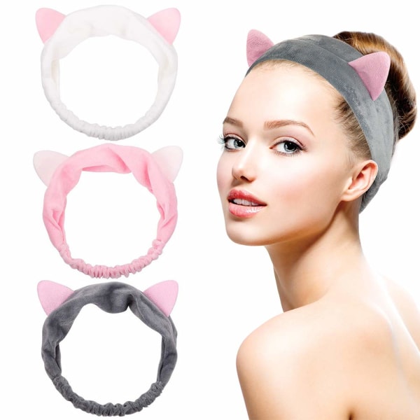 Makeup Headband, Cat Ear Hairlace, Spa Cosmetic Headwraps, 3 Pac